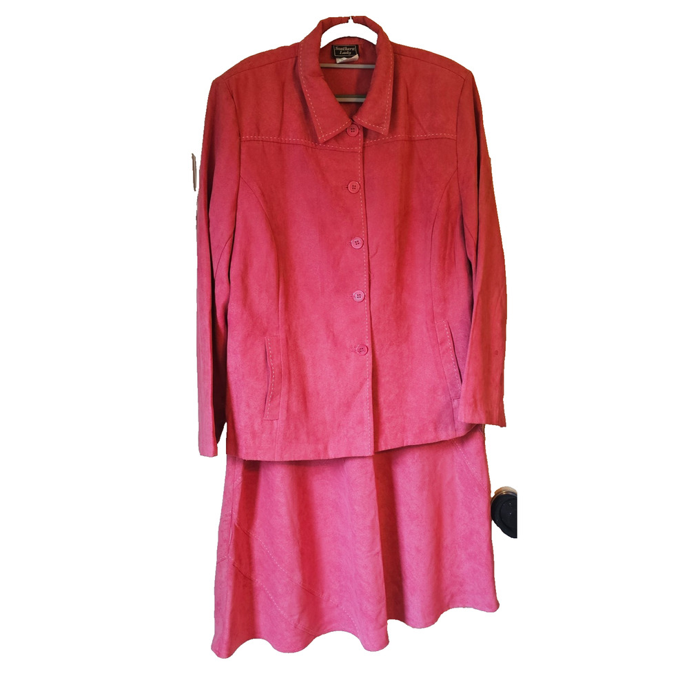 Southern Lady Pink Faux Suede 2 Pc Skirt Suit Womens 16 Midi Jacket Set Career